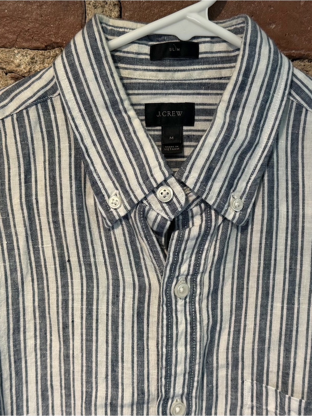 Men's J. Crew Irish Linen Button Down - Slim Medium - White / Blue Stripes - Picture 2 of 5